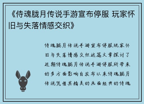 《侍魂胧月传说手游宣布停服 玩家怀旧与失落情感交织》
