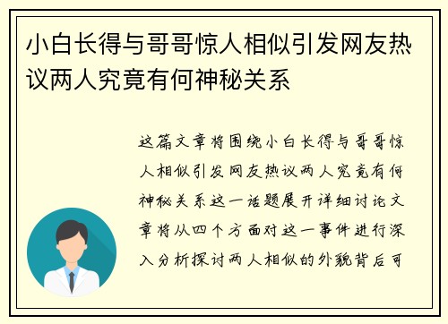 小白长得与哥哥惊人相似引发网友热议两人究竟有何神秘关系
